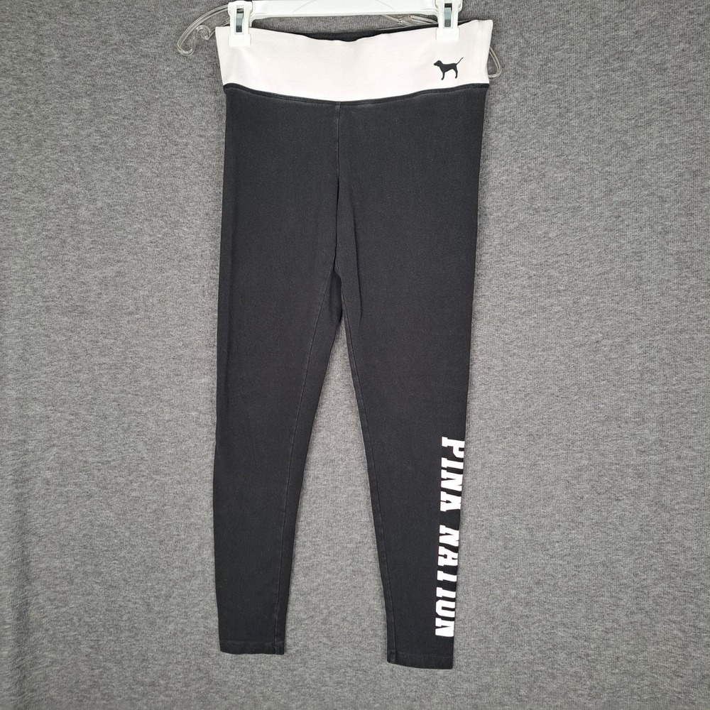 Victoria's Secret PINK Yoga Leggings Women Small Black White Graphic Foldover